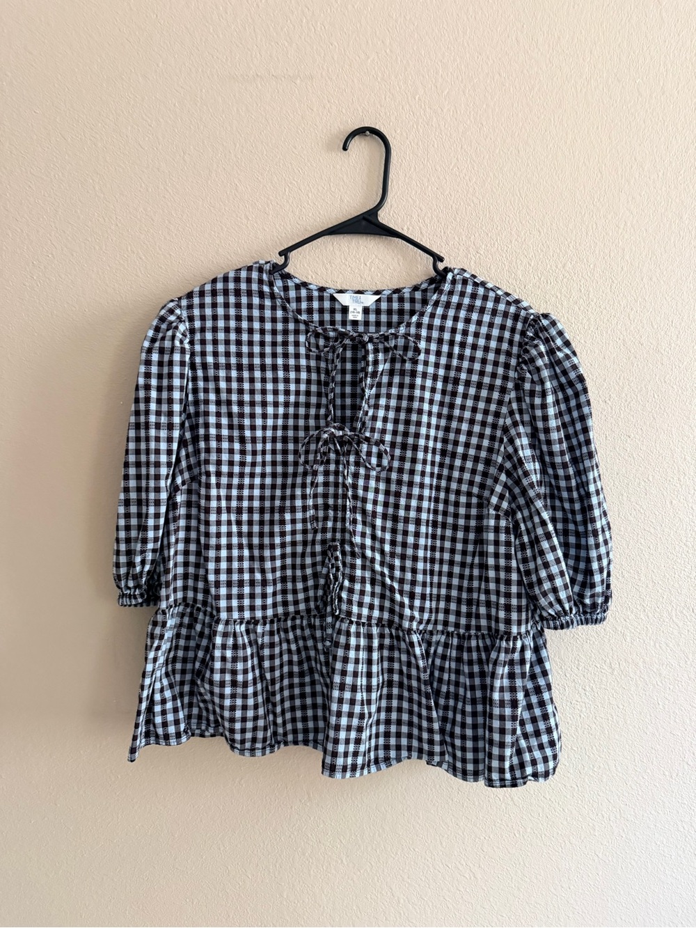 Time And Tru Gingham Puff Sleeve Bow Tie Front Blouse
